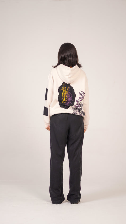 "UNINVITED" Cream Patched-up Hoodie