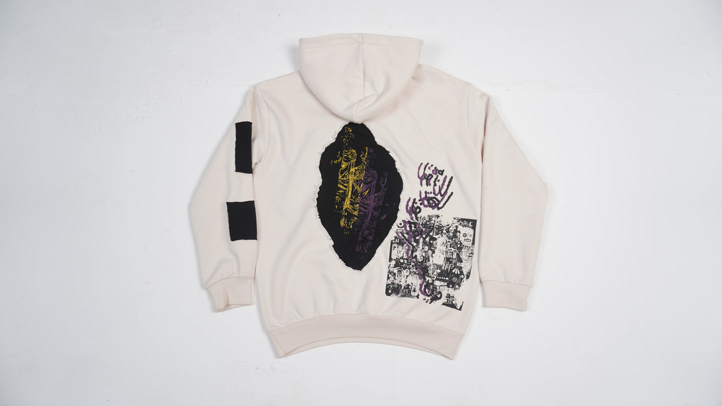 "UNINVITED" Cream Patched-up Hoodie