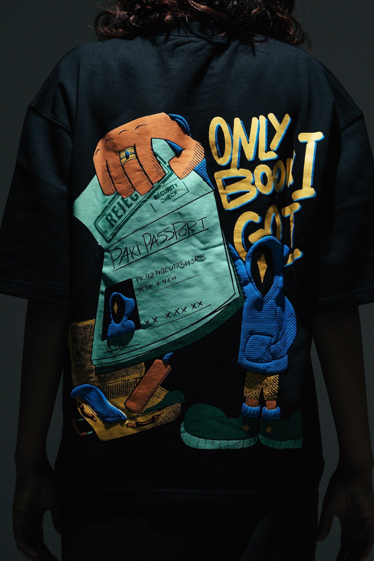"PAKI PASSPORT" - ABSOLUTE BLACK - IRDKMAHAM - Box Fit Drop Shoulder HEAVY Shirt